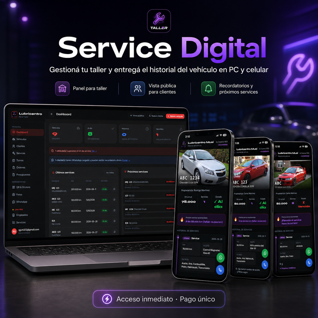 Service Digitales para Talleres y Lubricentros - PAGO ÚNICO - SIN CUOTAS MENSUALES