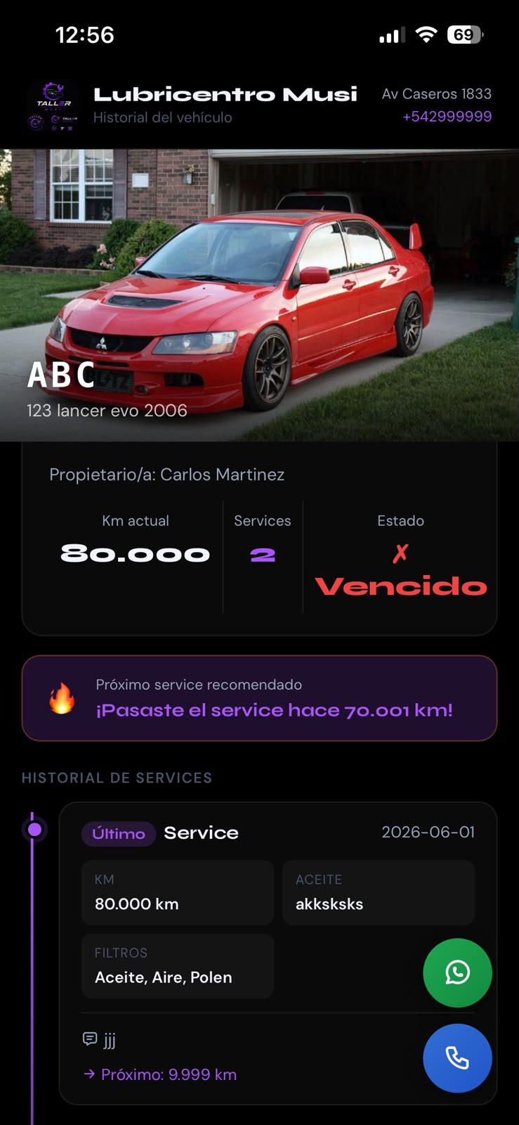 Vista pública del historial del vehículo con service vencido