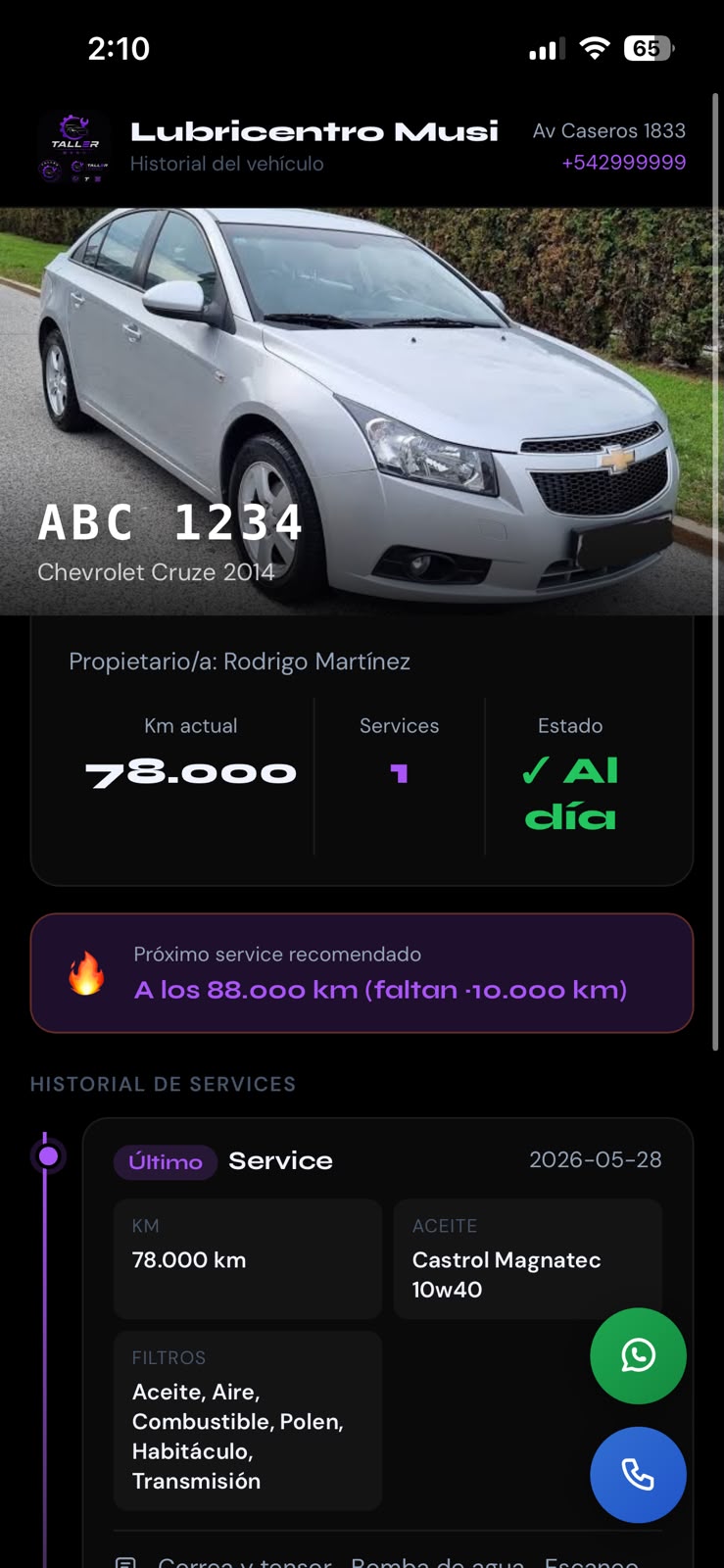 Vista pública del historial del vehículo al día