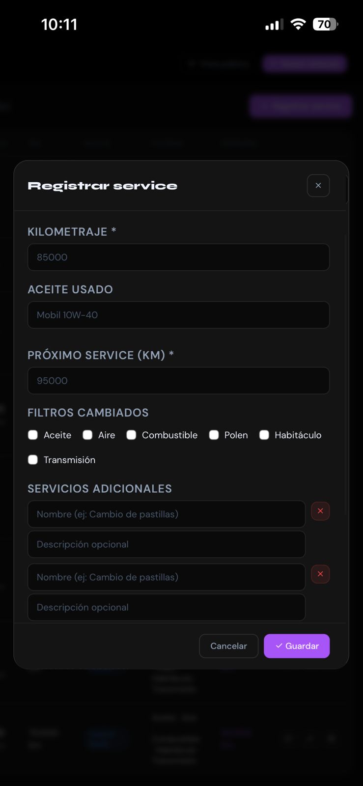 Panel para registrar un service