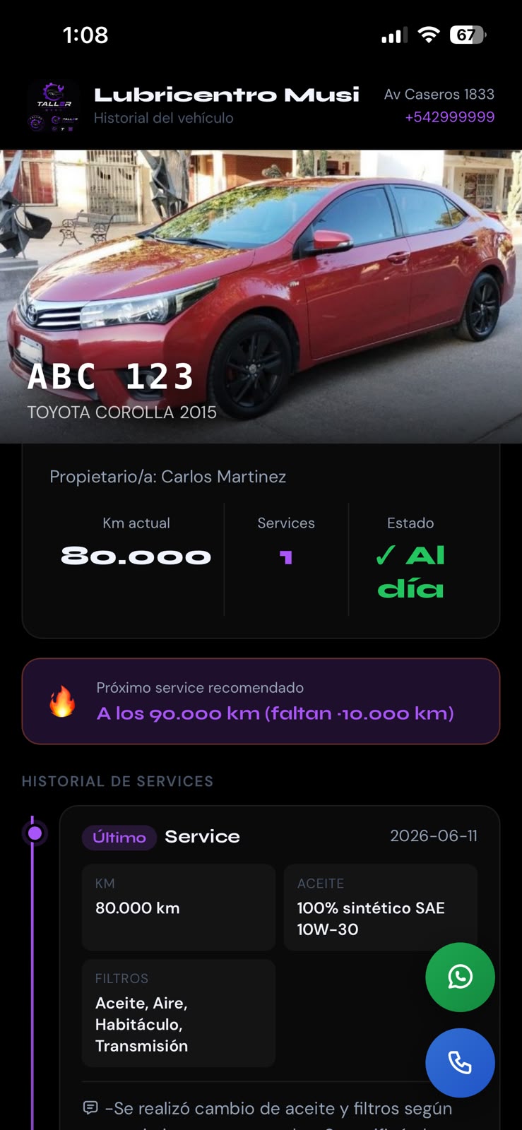Vista pública del historial con próximo service