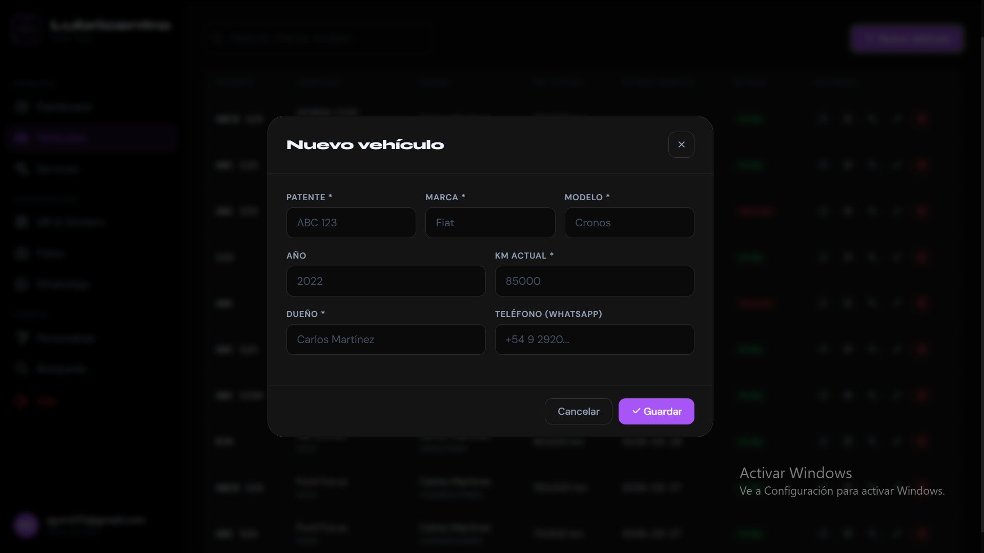 Modal para agregar nuevo vehículo